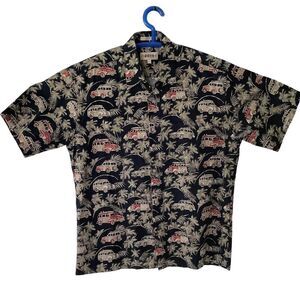 Campia Moda Mens Hawaiian Shirt Woody Wagon & Palms‎ Navy Large EUC